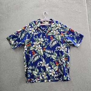 Evergreen Island Men Button Up Shirt XL Blue Floral Parrots Hawaiian Shirt